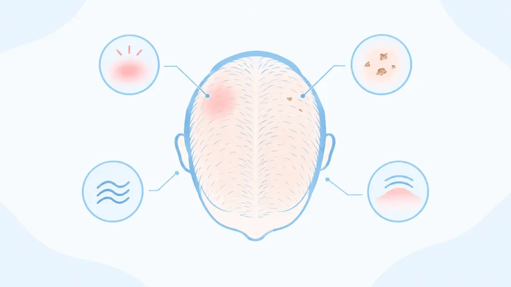 Illustration of scalp healing icons for redness, scabs and numbness on a soft blue background